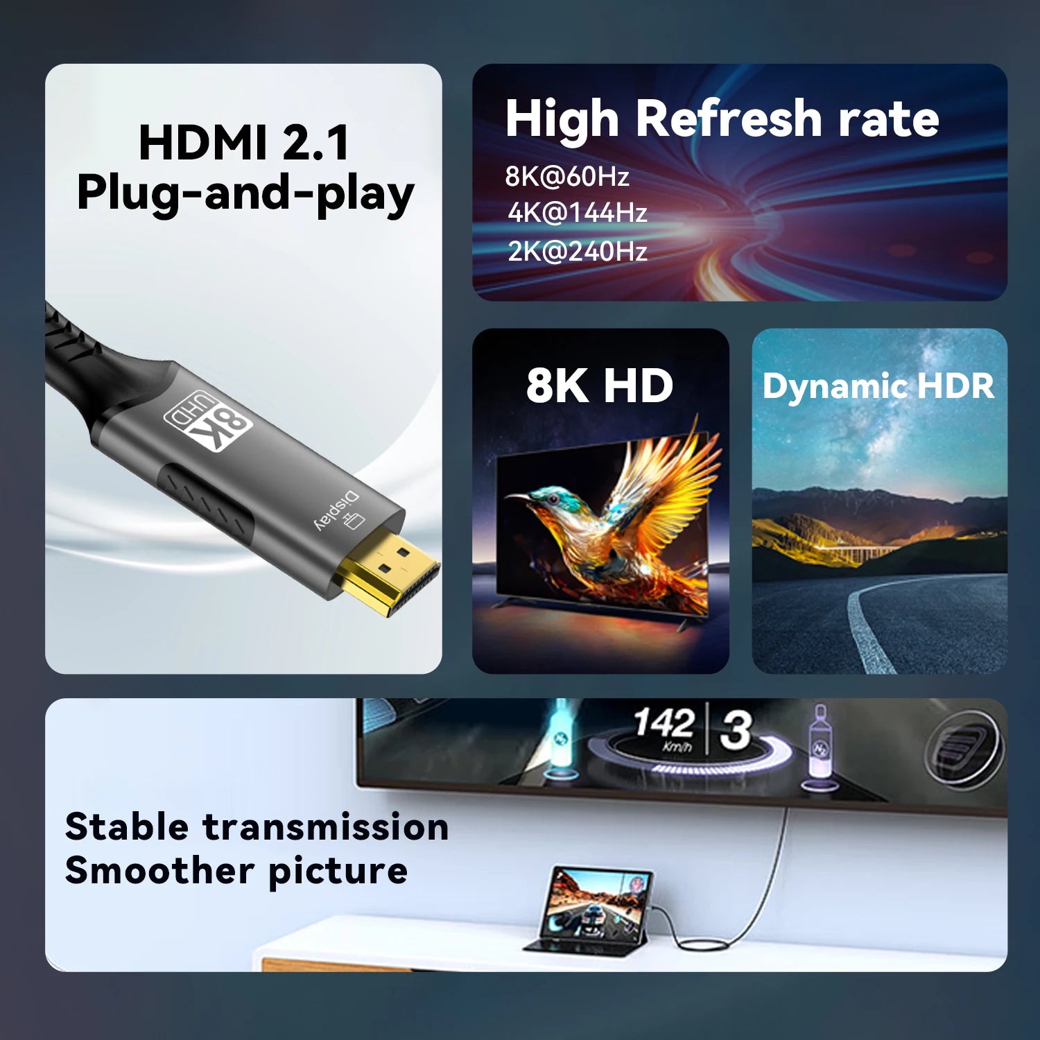 Type C to HDMI Cable 8K@60Hz 4K@120Hz 2K@240Hz USB C to HDMI 2.1 Cord Compatible For TV Converter MacBook iPad Samsung Galaxy