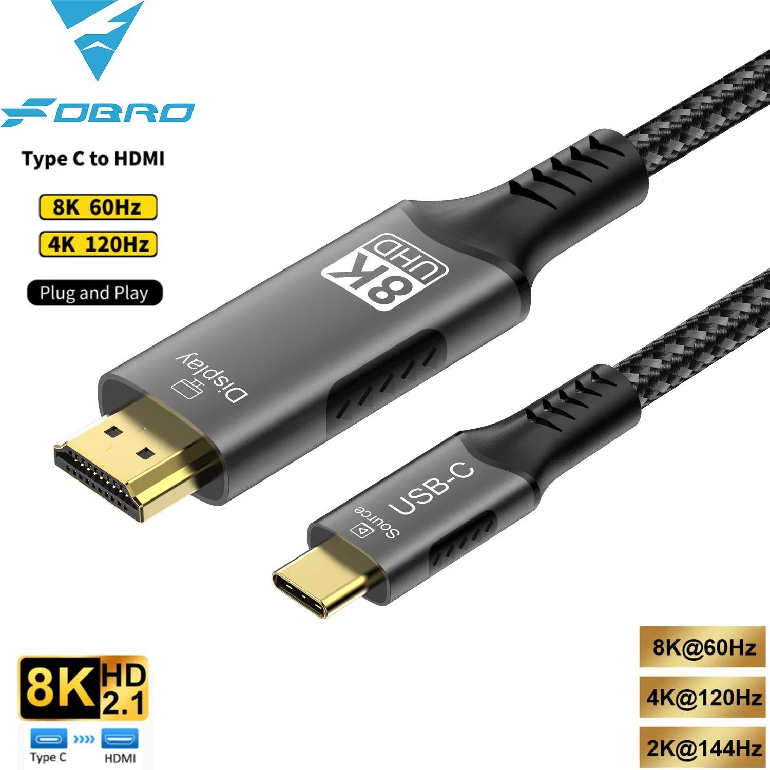 Type C to HDMI Cable 8K@60Hz 4K@120Hz 2K@240Hz USB C to HDMI 2.1 Cord Compatible For TV Converter MacBook iPad Samsung Galaxy