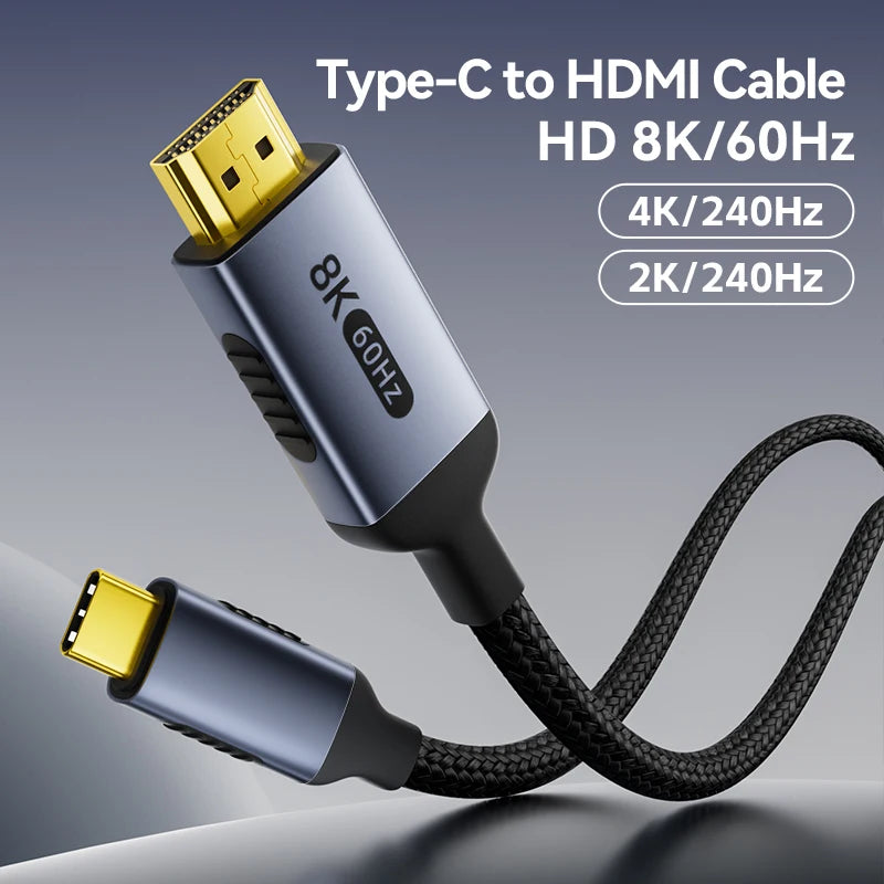 8K@60Hz Type-C to HDMI2.1 Cable 4K@240Hz HDR HDCP VRR ALLM for TV Display Projector Compatible Mac OS windows IOS ipad iphone